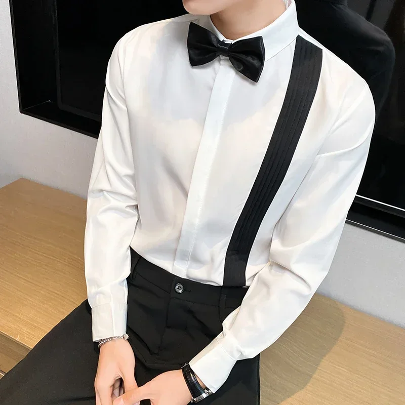 5XL-M Long Sleeved Tuxedo Shirt Men Black White Patchwork Business Casual Mens Dress Shirts Bow Tie Social Blouses Man Plus Size