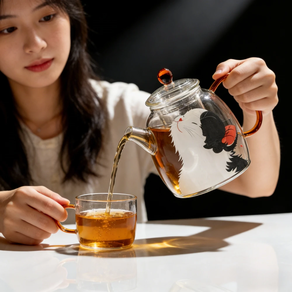 

Cute Creative Patterned Glass Teapot Featuring Kitten High-quality Exterior,handle Withstand High Temperatures for Brewing Tea.