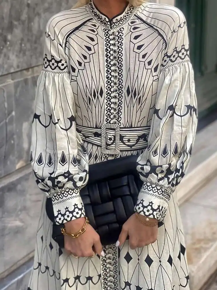 

Лоскутное винтажное модное платье макси с принтом, женское весенне-летнее вечернее платье с рукавами-фонариками, элегантное женское платье с воротником-стойкой