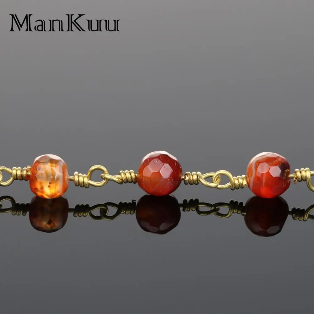 Mankuu 5M Wire Wrapped Beaded Chain Golds Plate Rosary Chain Carnelian Red Agates Faceted Crystal Beads Jewelry Making Necklace