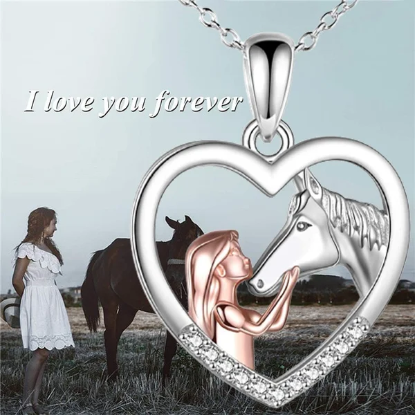 Exquisite Heart Zircon Girl and Horse Necklace for Women Rose Gold Plated Pendant Necklace Animal Jewelry Party Anniversary Gift