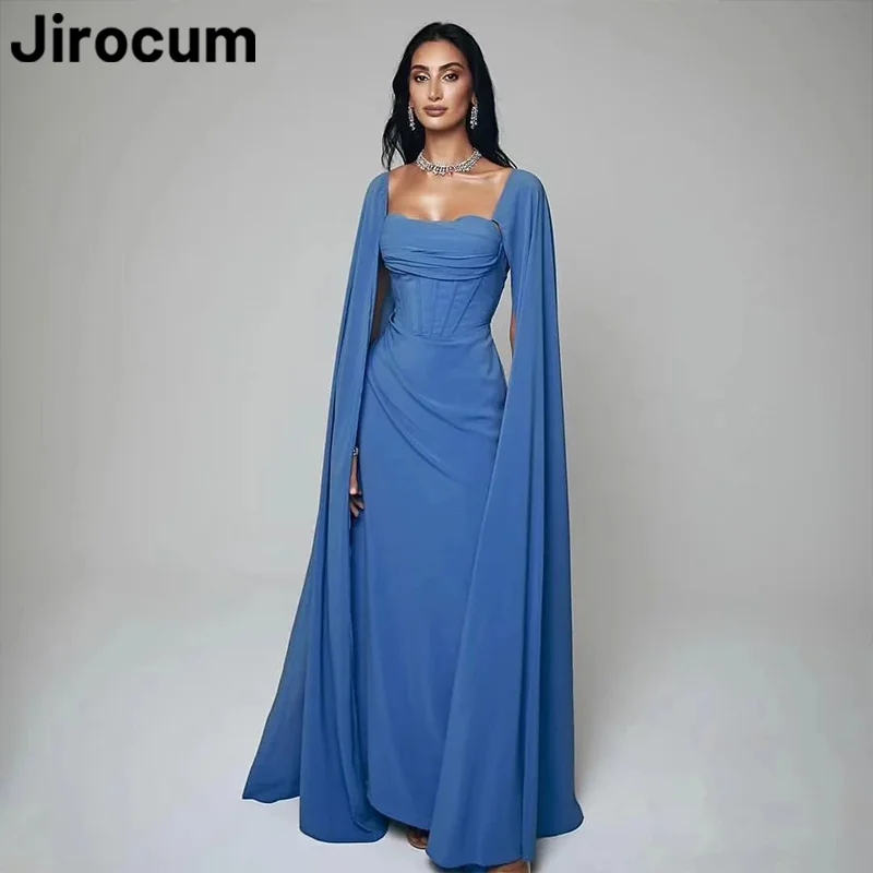 

Jirocum Blue Square Neck Ball Gown Women's Satin Simple Party Evening Gowns Floor Length Saudi Arabia Formal Occasion Dresses