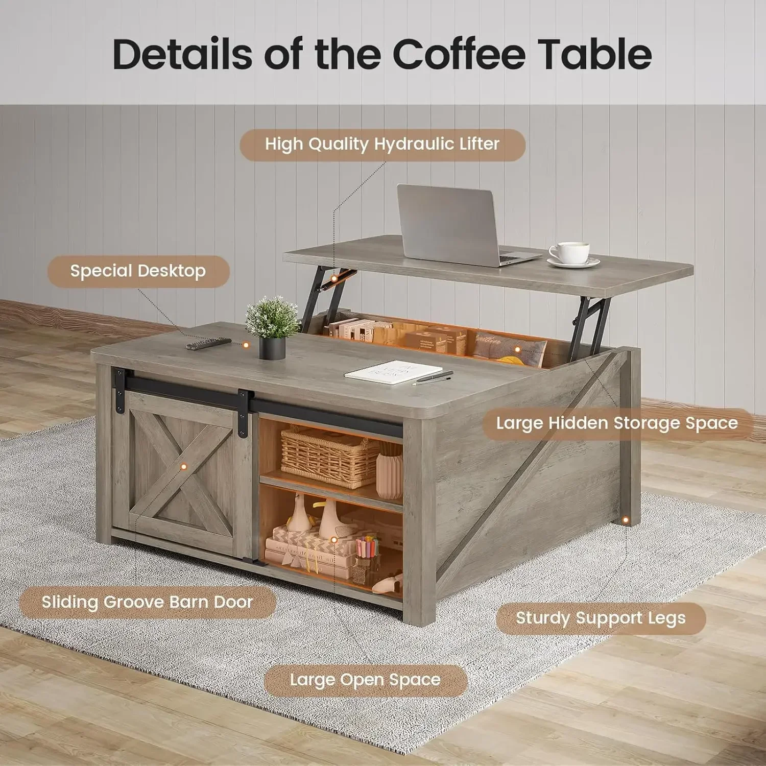 31.5" Lift Top Coffee Table with Storage, Square Coffee Table for Living Room, Coffee Table with Large Hidden Storage Compartmen