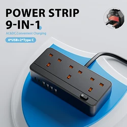 9-in-1 Power Strip, Power Strip Surge Protector, 3 AC Outlets 6 USB 2 Type-C, Desktop Charging Station With Overload Protecti