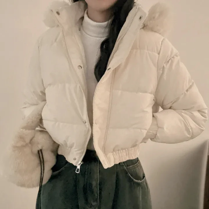 New Winter Warm Hooded Down Cotton Jacket Women Thickened Fleece Lining Big Fur Collar Long Sleeve Short Parkas Jacket Coat