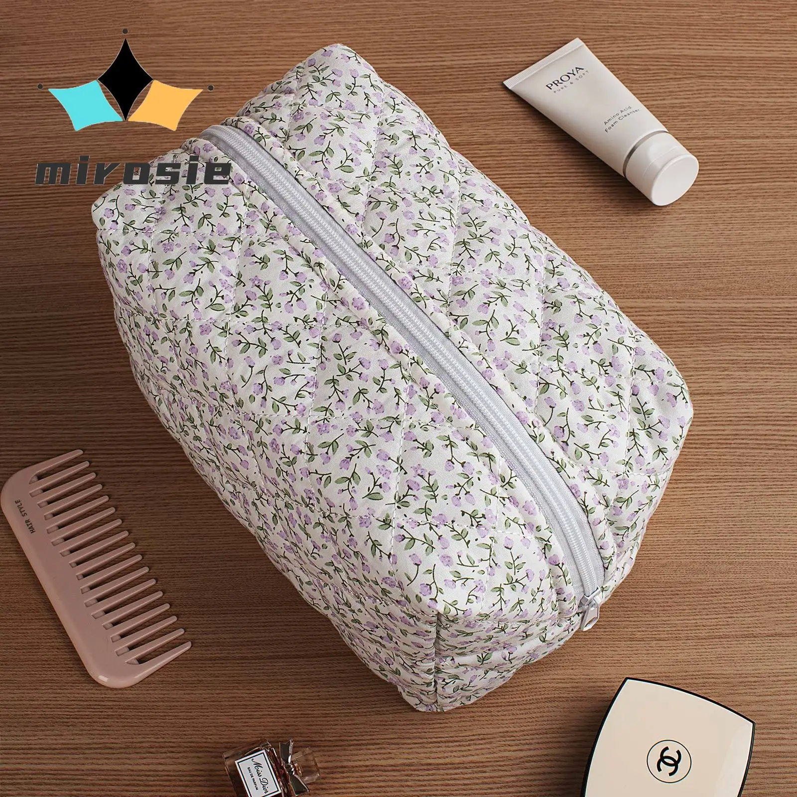 MIROSIE-Purple Floral Makeup Bag with Zipper, Portable Travel Skincare Storage Pouch for Women, Makeup Organizer Bag, Big Size