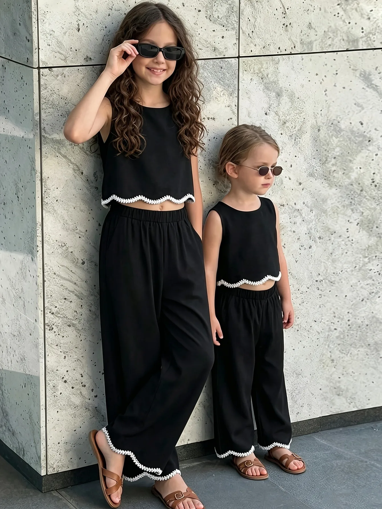 Kids Girls Two Piece Summer Clothes, Lace Trim Sleeveless Crop Tank Top + Loose Wide Leg Pants Outdoor Daily Wear