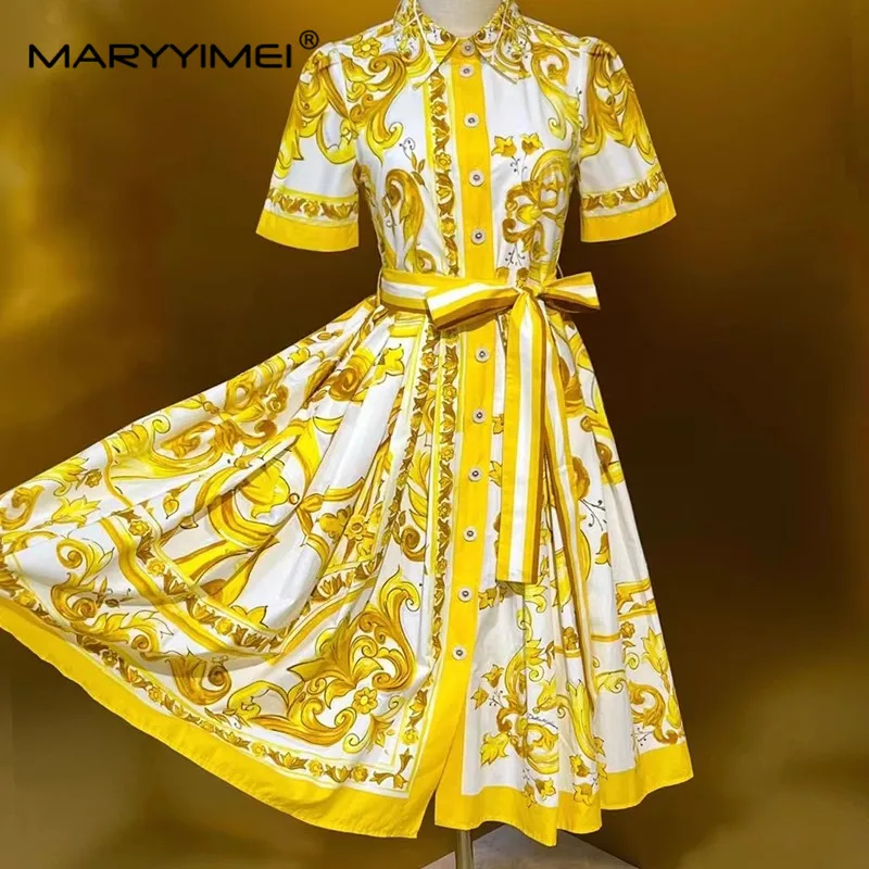 MARYYIMEI Spring Summer Women\'s Dress Turn-Down Collar Half Sleeved Single-Breasted Baroque Print Cotton Vintage Dresses