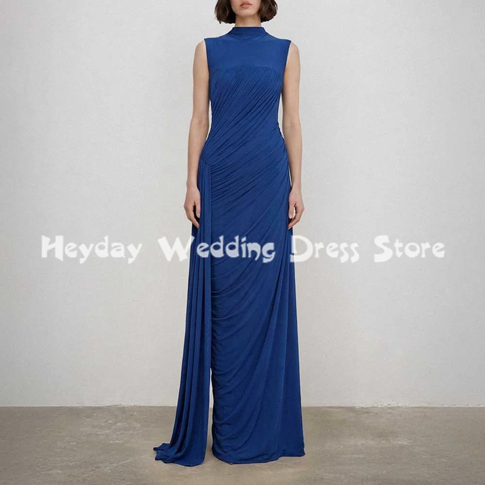 Elegant Royal Blue Formal Evening Gown High Neck Sleeveless Pleats Ruched Detail Side Trailing Sash Wedding Guest Dress Custom