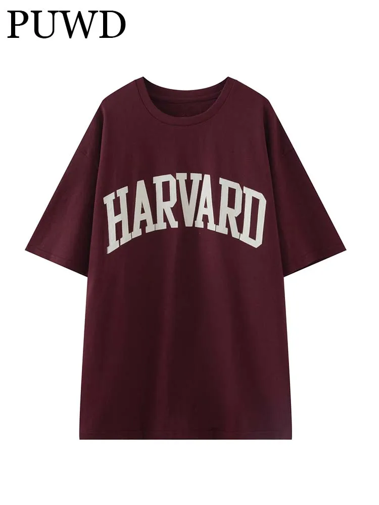 

PUWD Women Red Cotton Tops 2023 Summer Vintage Ladies O Neck Short Sleeves T-shirt Casual Female HARVARD Printed Loose Tees