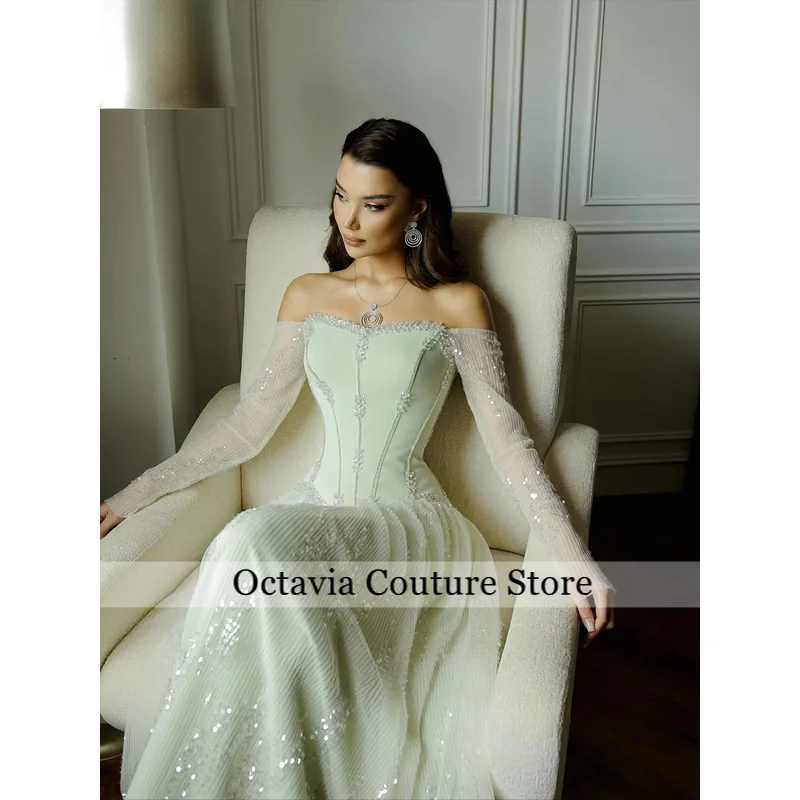 

Off Shoulder Evening Dresses Elegant Strapless Sheer Full Sleeve Sequins Beaded A-Line Formal Gowns Customized Vestidos