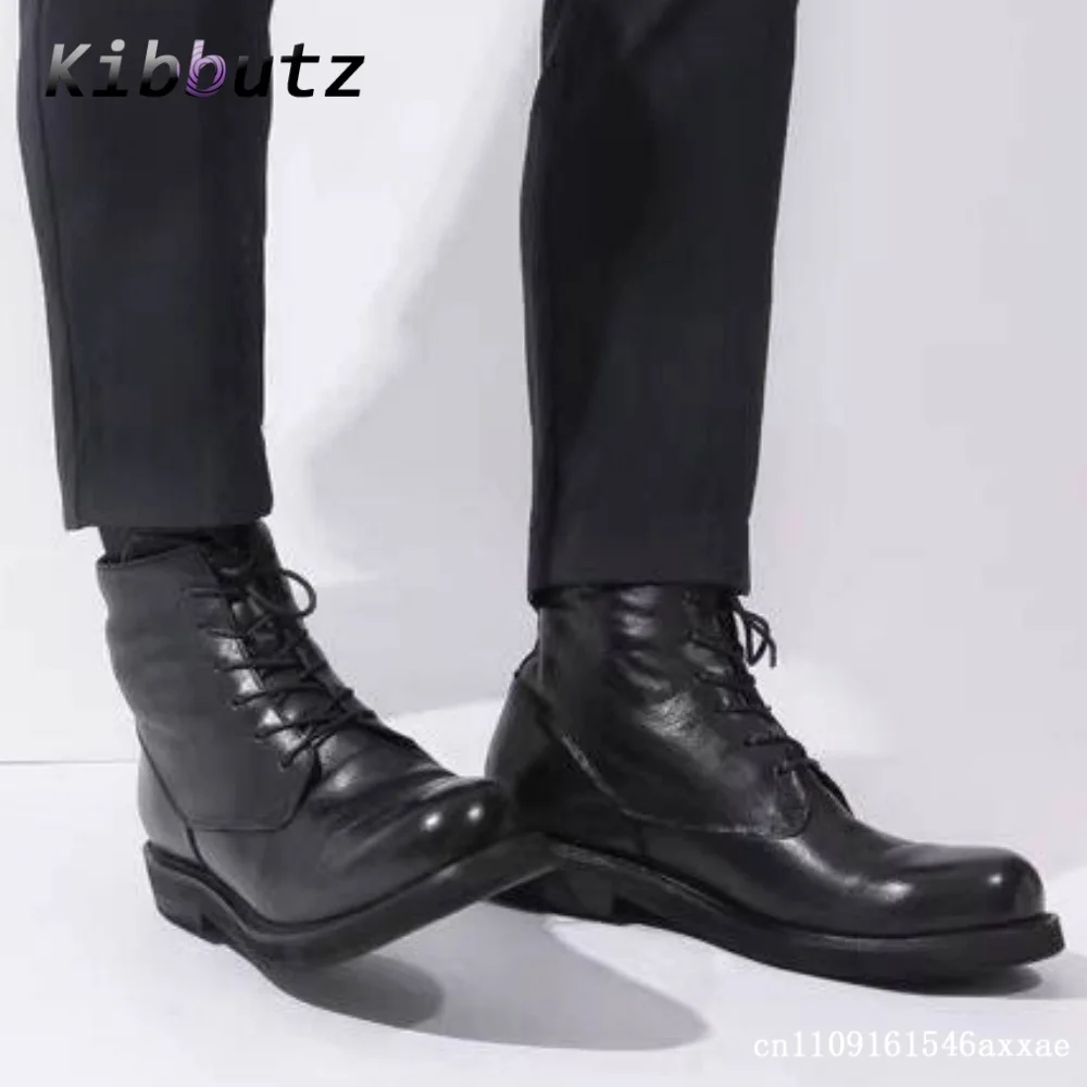 Street Style Men High-Top Round Toe Combat Ankle Boots Lace Up Flat Block Sole Shoes Outdoor Trendy Daily Business Casual Shoes