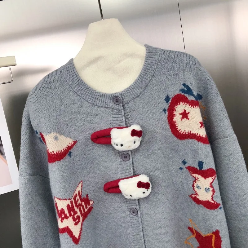 Fun Cartoon Jacquard Stylish Sweater Coat New Design Sense Unique Design Fashion Loose Knitted Cardigan Single-breasted Knitwear