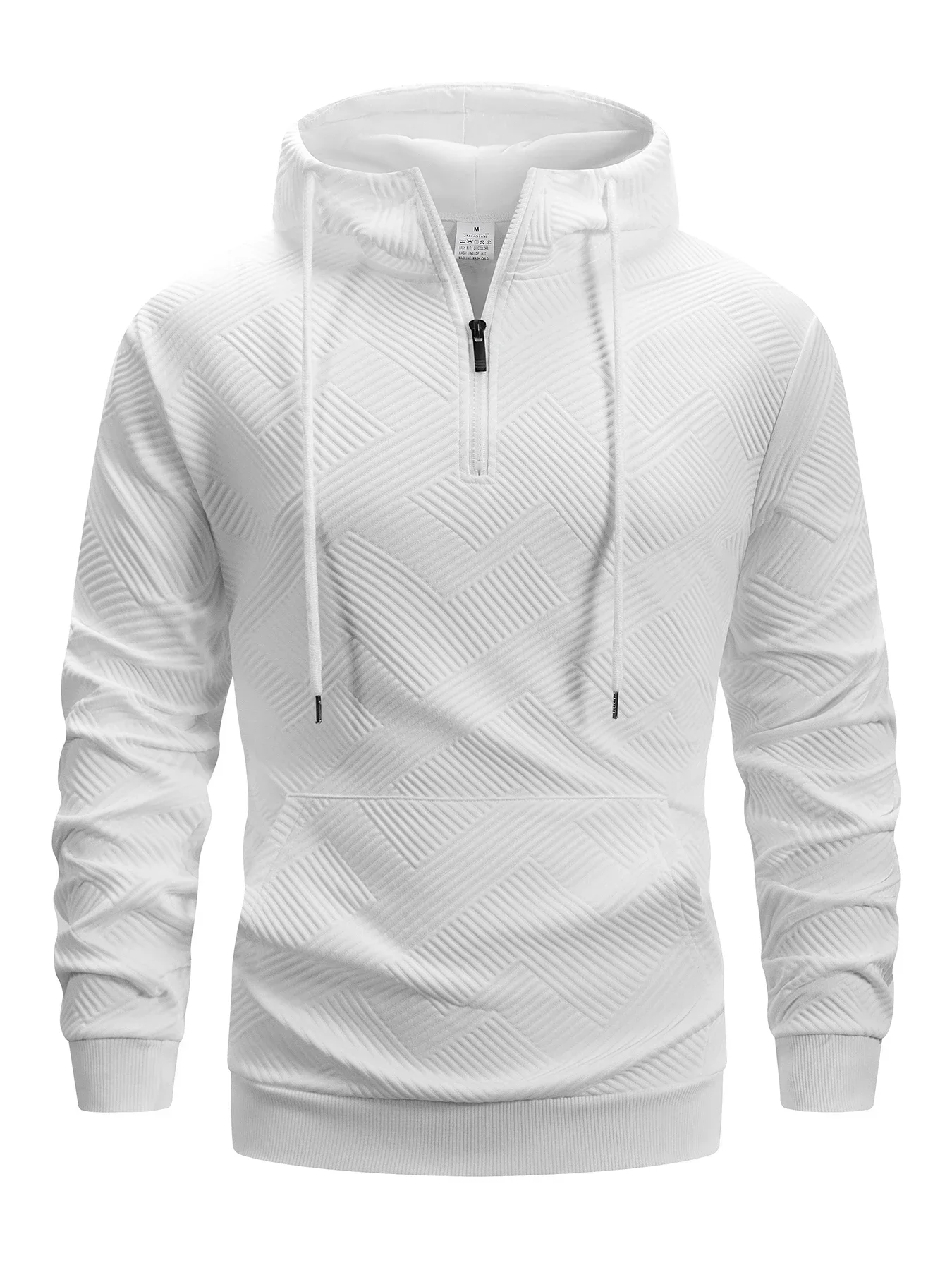 Men Quarter Zip Hoodie Geometric Embossed Texture Pullover Sweatshirt Drawstring Hood Kanga Pocket Ribbed Cuffs Casual Tops