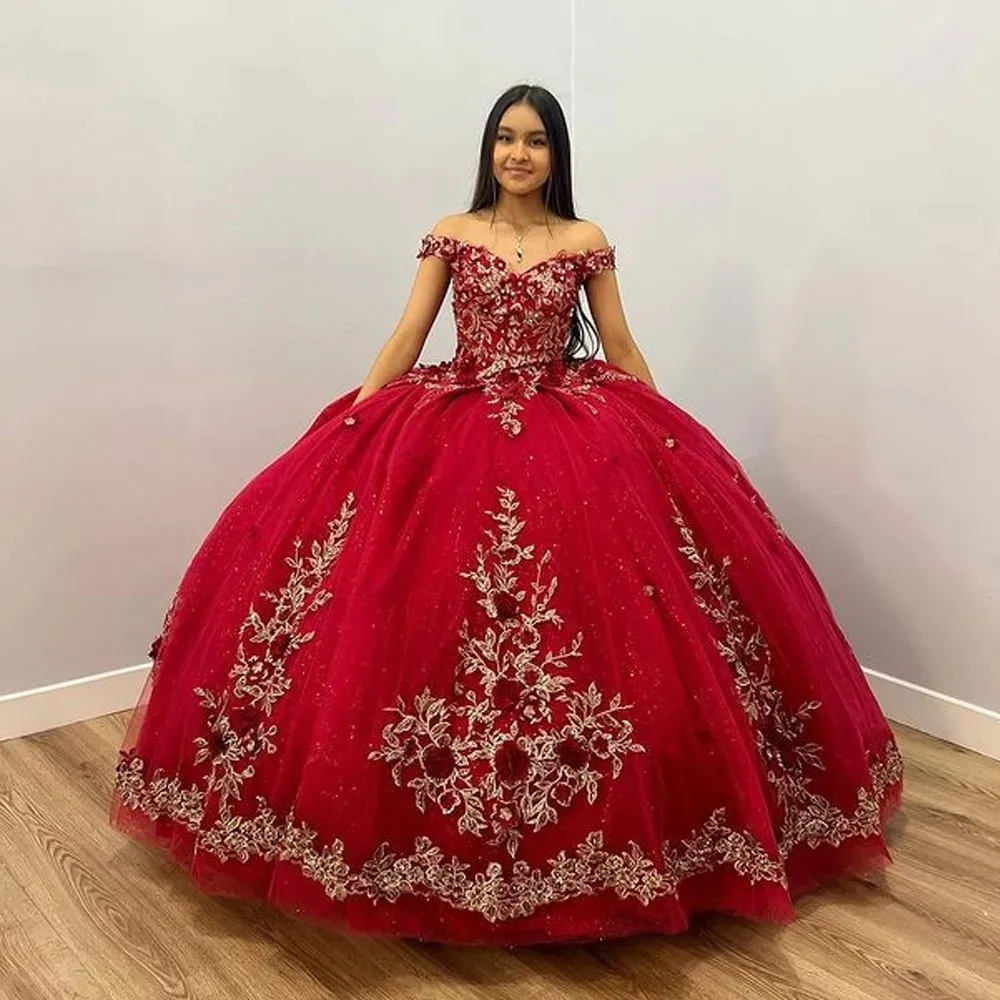 ANGELSBRIDEP Glitter Burgundy Quinceanera Dresses Off-Shoulder Vestidos De 15 Anos Appliques 3D Flower Birthday Party Gowns