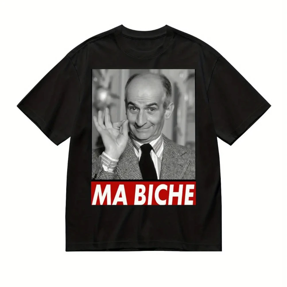 Camiseta casual masculina com design Louis De Funes Ma Biche, um top confortável de manga curta na cor preta