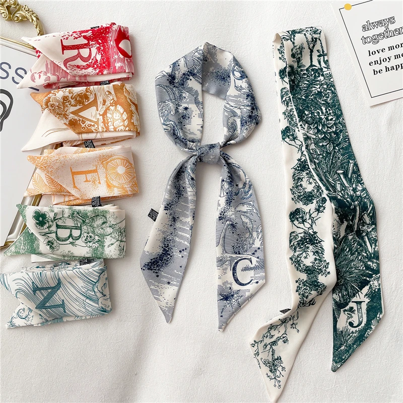 Sketch Style 26 Letters Temperament Small Scarf Long Silk Scarf Hair Band Narrow Headband Hair Tie Bag Handle Hair Accessories