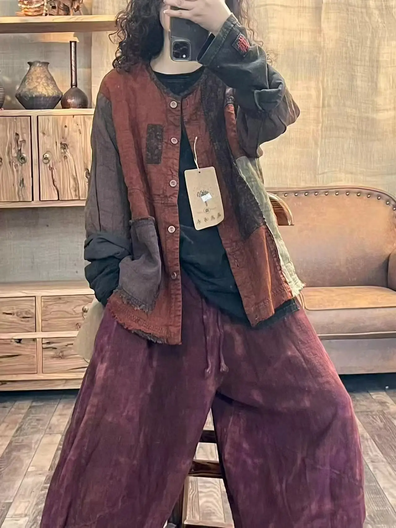 

Retro Patchwork Linen Open Cardigan Women's Spring 2026 Loose round Ne Ethnic Sle Texture Versatile Color Commute S...