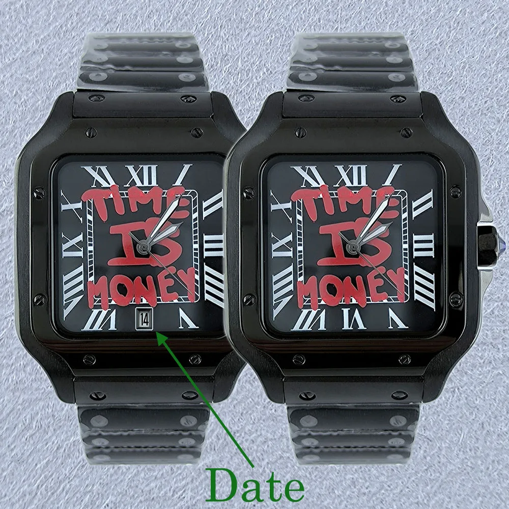 NH35 Square Watch Time is Money Men's Automatic Watch Black Dial Roma Case Folding Buckle Bracelet NH35 NH36 movement Watch
