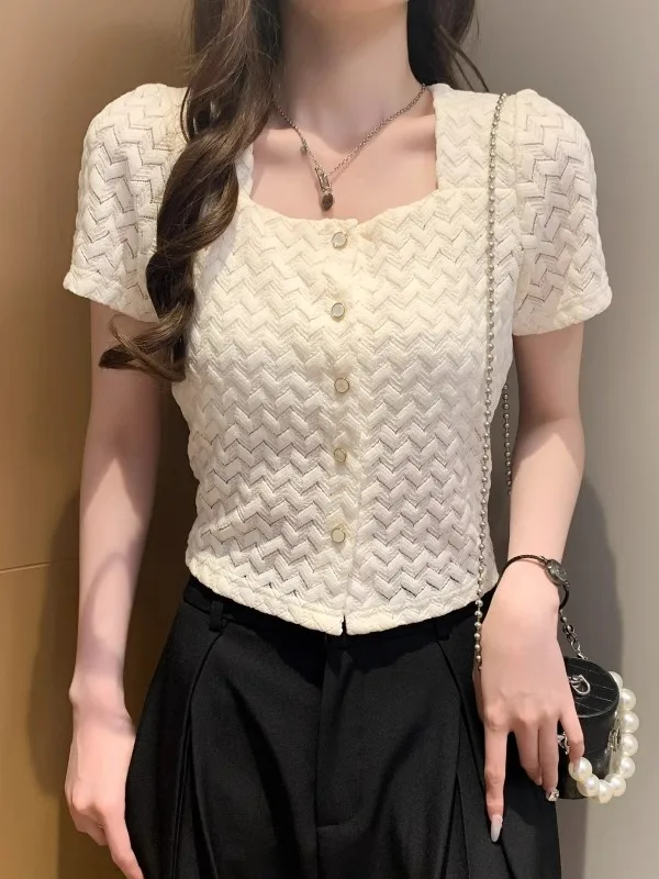 

Fenshixuan Summer 2026 Bubble Pattern Short Sleeve Women's Shirt Stylish Short Design Commute Style Korean Version Straight Cut