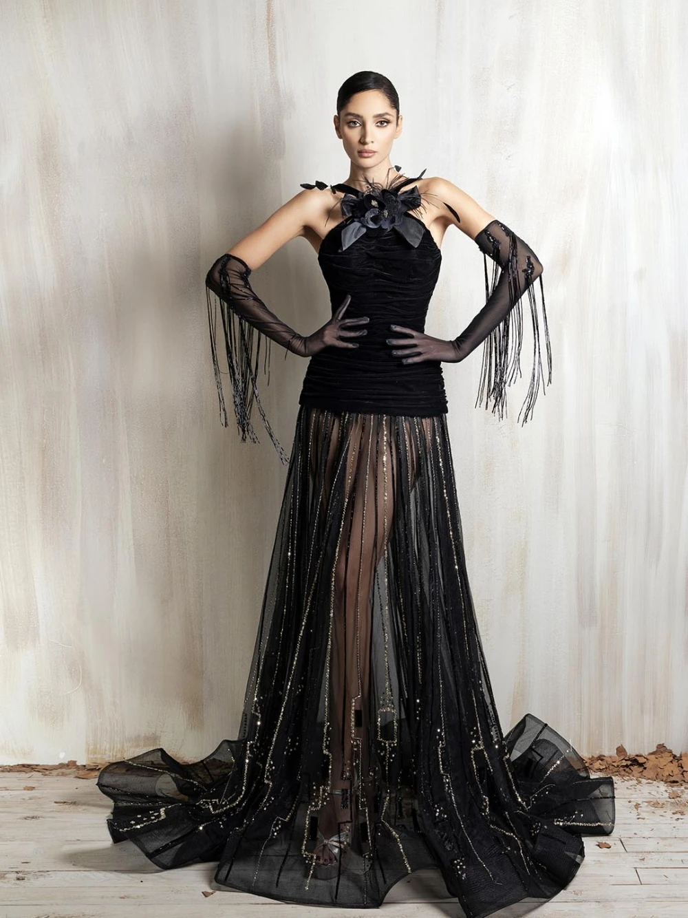 Shimmering A Line Evening Dress Black Velvet Strapless Beaded Floral Prom Gown Customized Fashionable Dainty Gala Wear No Gloves