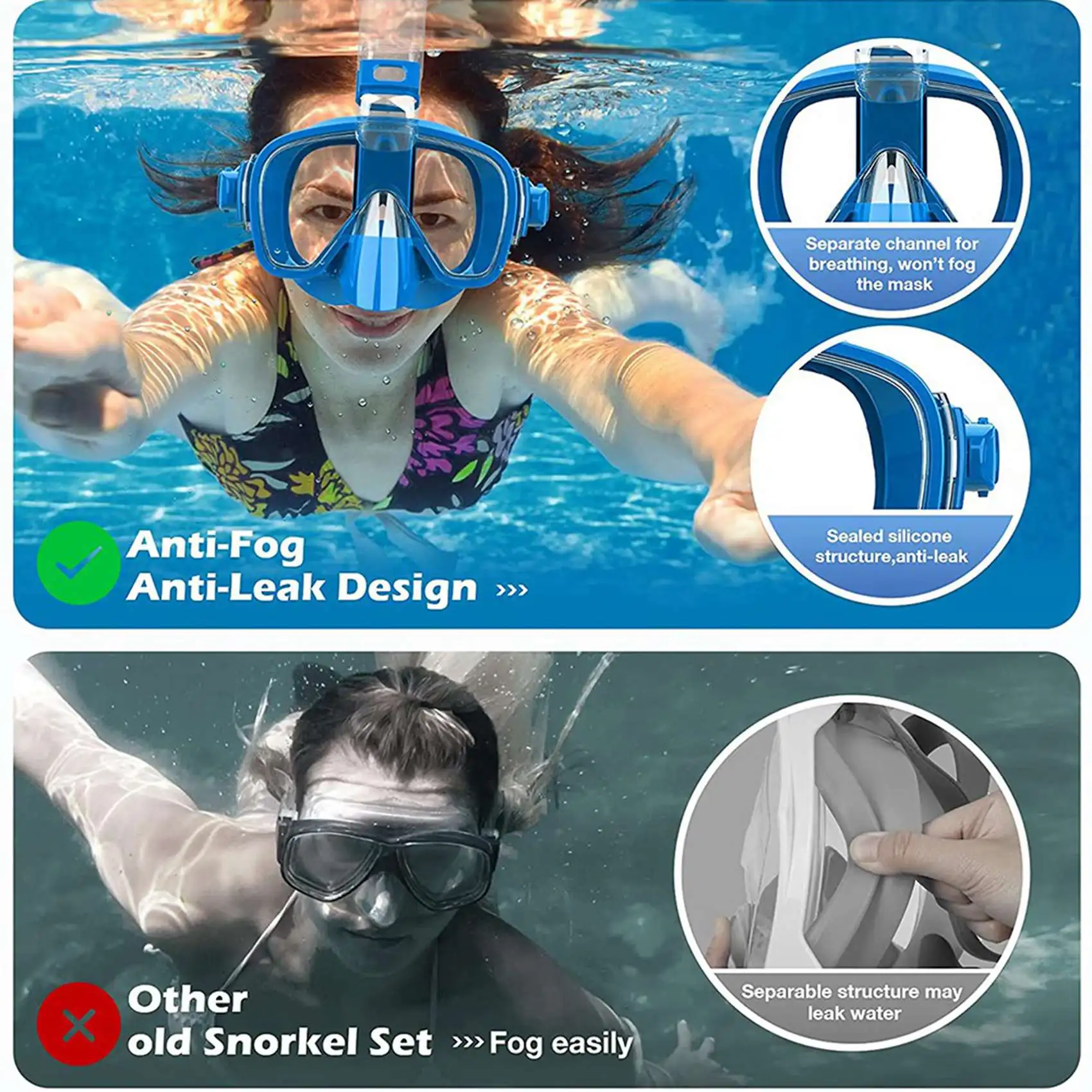 

NEW-2X Snorkel Mask Foldable Diving Mask Set With Dry Top System And Camera Mount, Anti-Fog Snorkeling Gear-Blue