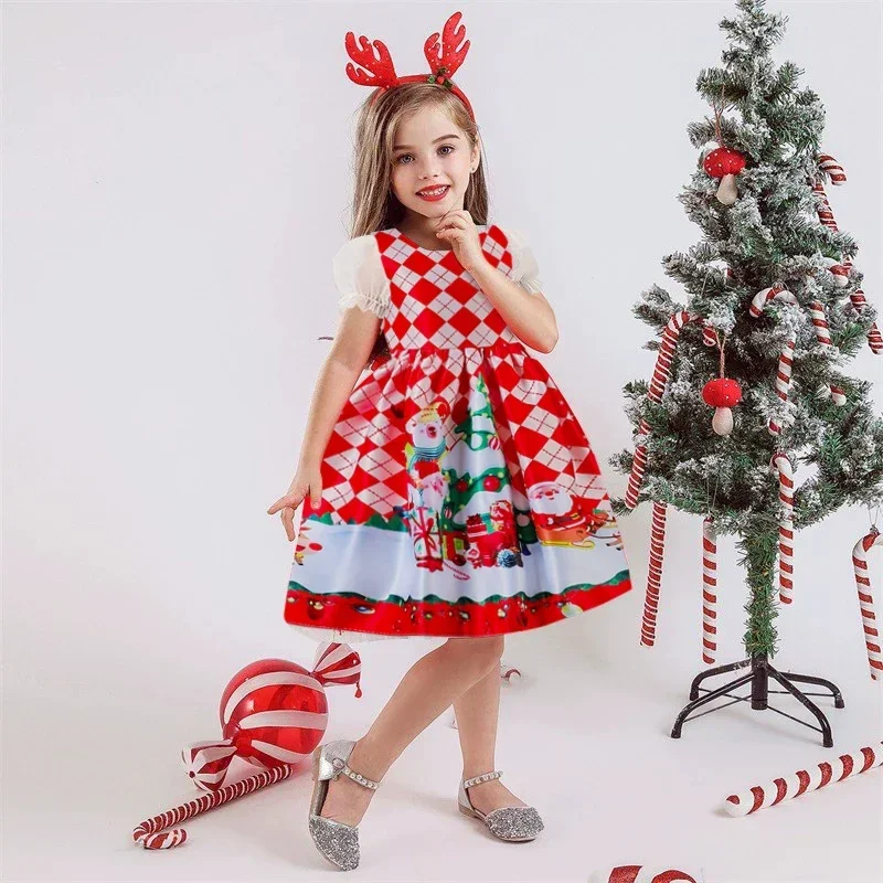 2024 Christmas Girls Party Dress Cute Santa Claus Snowman Girls Princess Cosplay Dress For 4-10 Years Carnival Costume Clothing