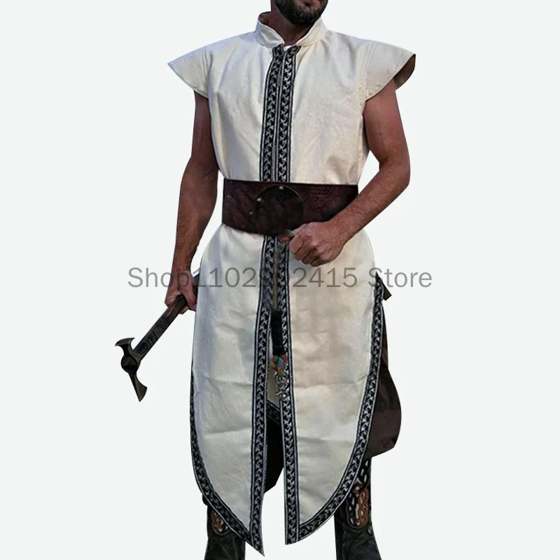 Halloween Men Shirt Medieval Pirate Cosplay Costume Sleeveless Loose Robe Celtics Tunic Warrior Knight Top Saxon Blouse