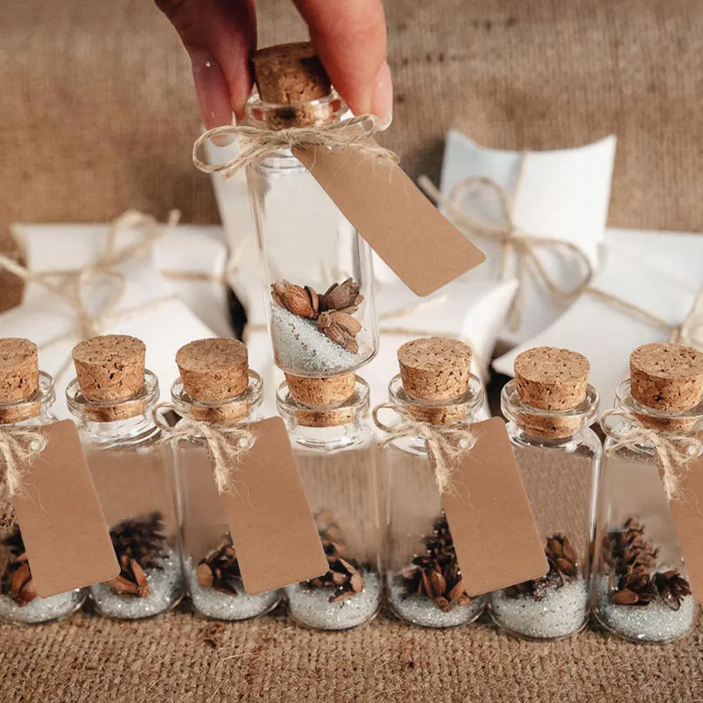 40Pcs Small Glass Bottles with Cork Lids 20ml Mini Jars Glass Vials with Wooden Corks Tags and Hemp Ropes for Wedding DIY Crafts