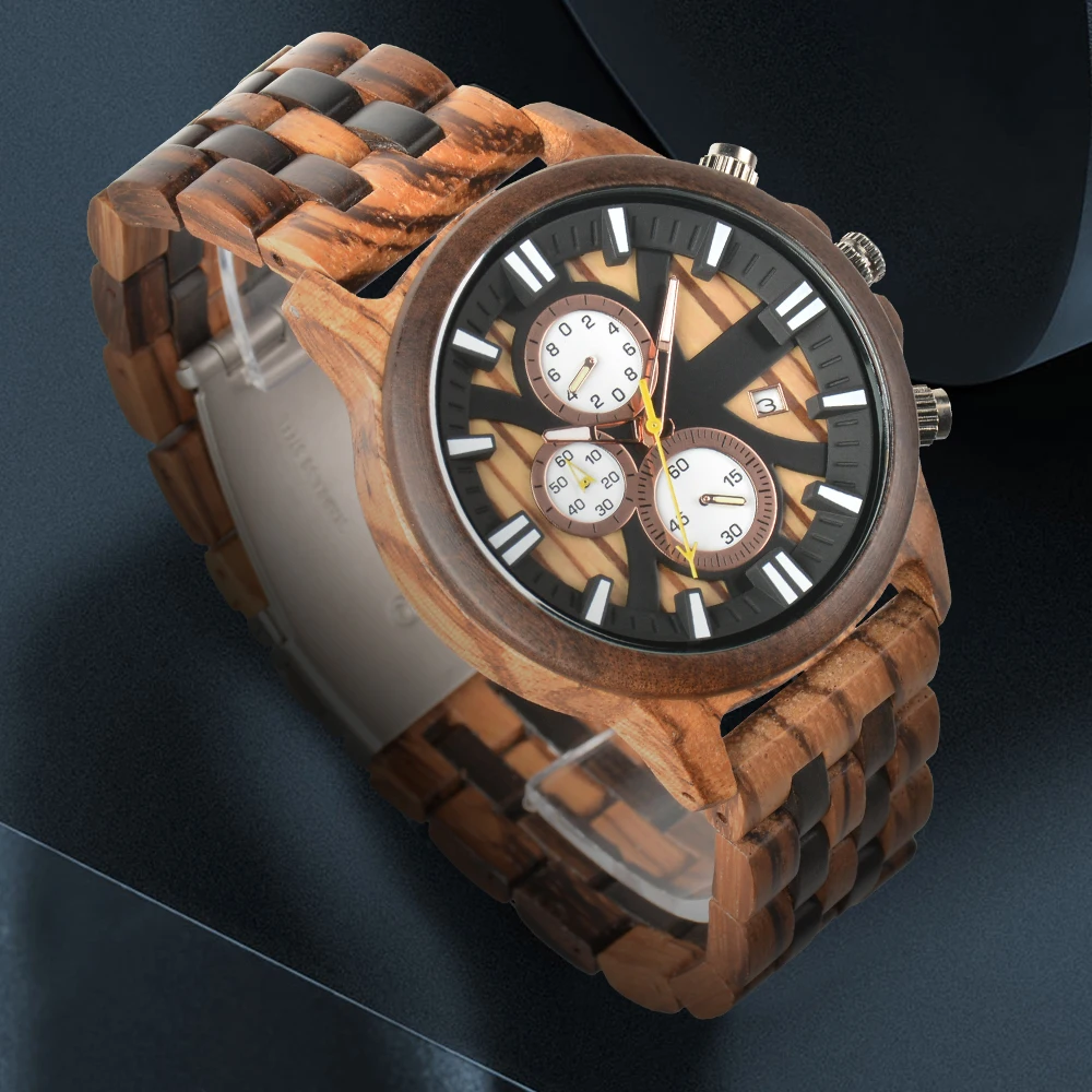 

New Natural Wood Watch for Men Chronograph Multifunction Quartz Watches Full Wooden Band Male Wristwatch Clock Relogio Masculino