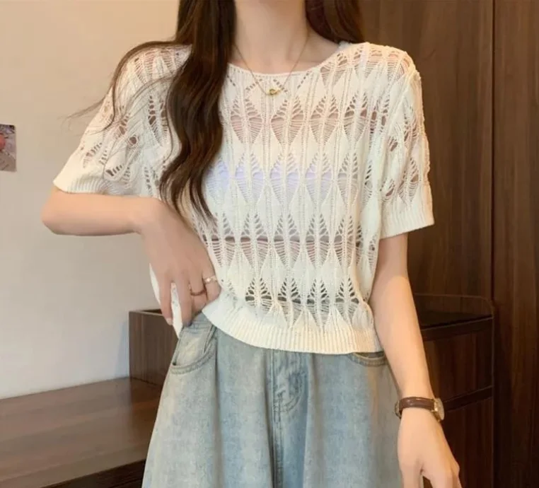 

Summer thin hollow shirt loose pullover fashionable slim fit high-end beautiful breathable short sleeved shirt