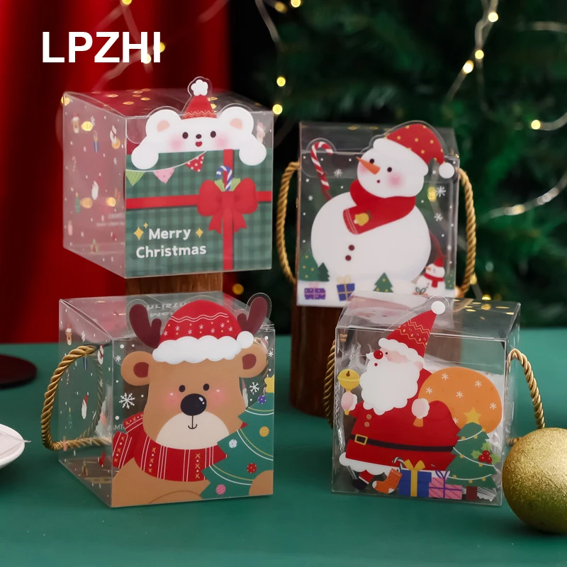 

LPZHI 10Pcs Transparent Christmas Gift Boxes With Handle Xmas Holiday Party Treat Cookies Candy Favors New Year Santa Claus