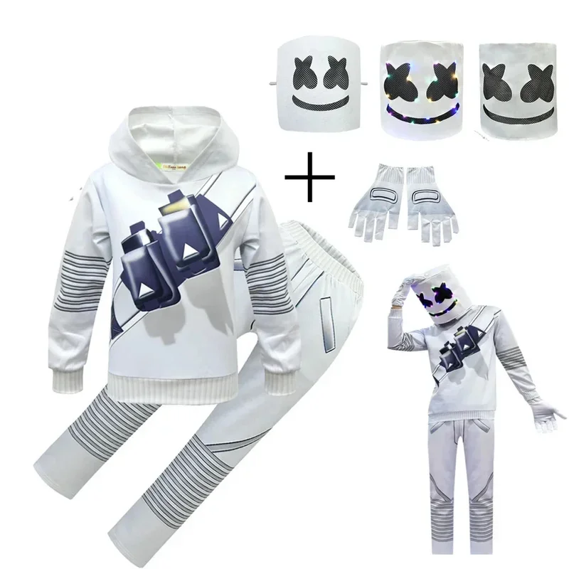 2025 New Kids Cosplay Costume Halloween DJ Marshmellosing Dress Up with Mask Boy Girls Hoodies Pants Suit Carnival Party Elec AA