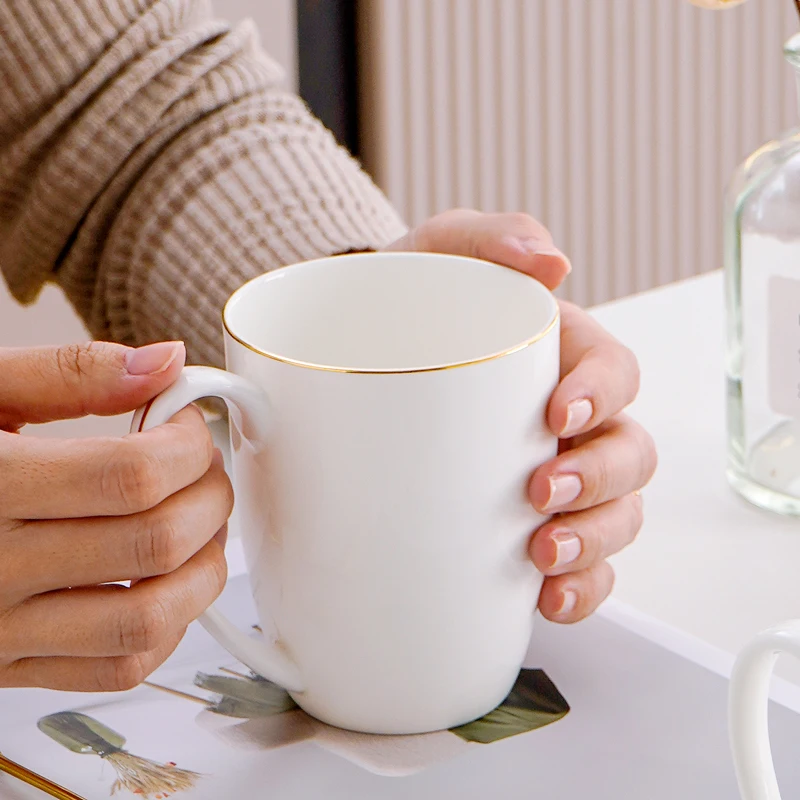 

Bone china Gold Drawing Mug 400ml Household White Handle Ceramic Breakfast Cups Chinese Light Luxury Simple Office Tea Cup