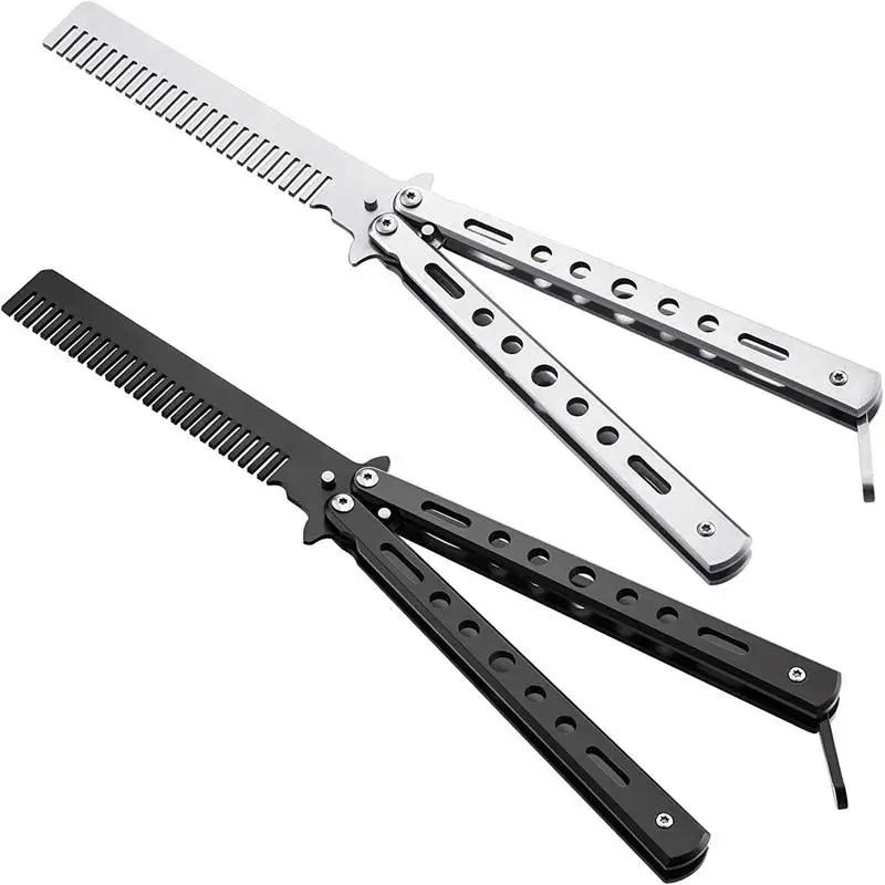 

Foldable Comb Stainless Steel Practice Training Butterfly Knife Comb Beard Moustache Brushes Salon Hairdressing Styling Tool