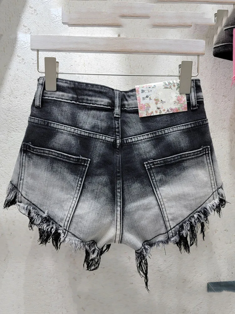 Black Fashion High Waist Tassel Denim Shorts For Women A-line Raw Edge Pants Elastic Short Jeans 2024 Spring Summer X856