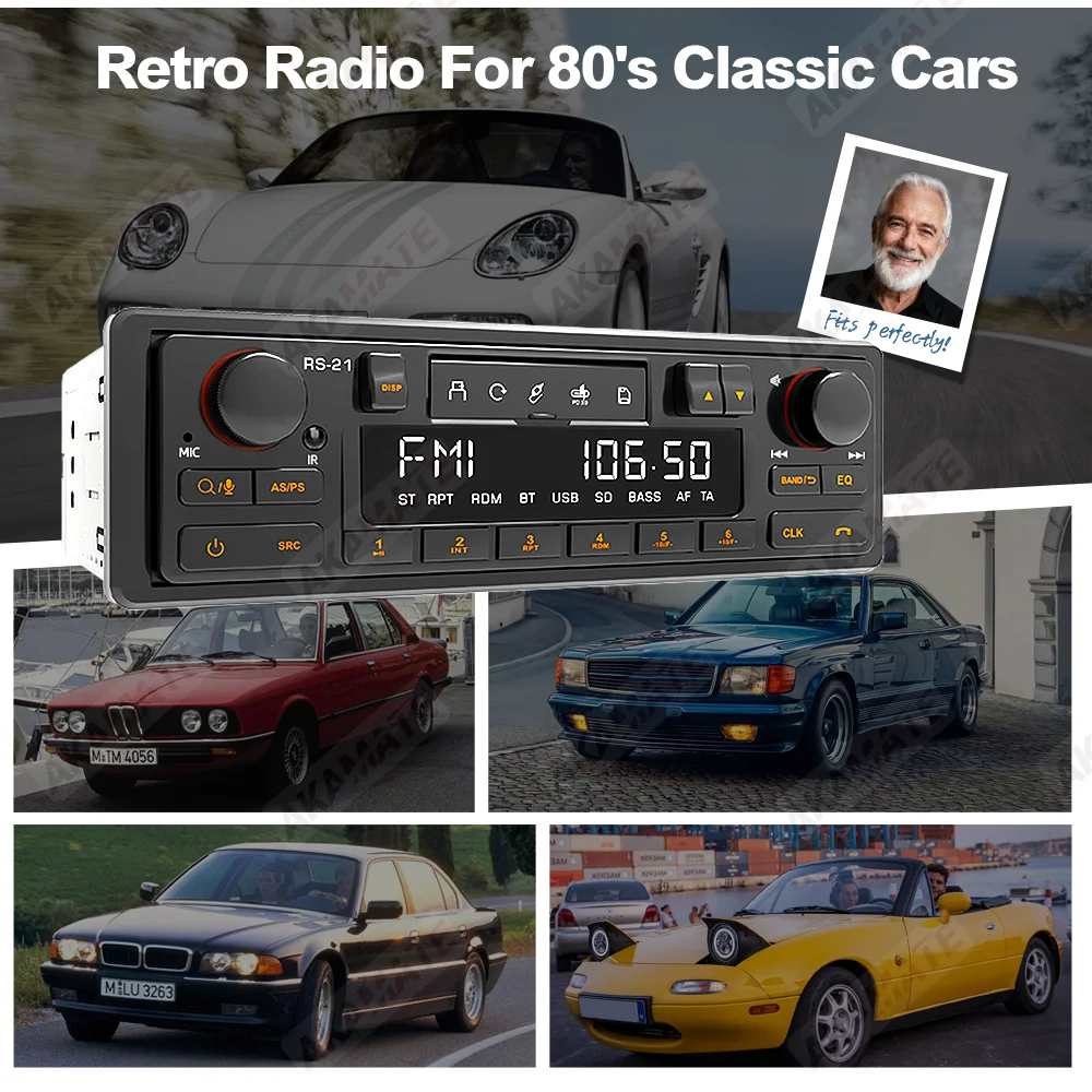 1 Din MP3 Autoradio im Retro-Stil Bluetooth 5.1 AUX FM AM RDS EQ QC3.0 Sprachsteuerung 12V Multimedia-Stereo-Haupteinheit USB TF-Player – Detail 3
