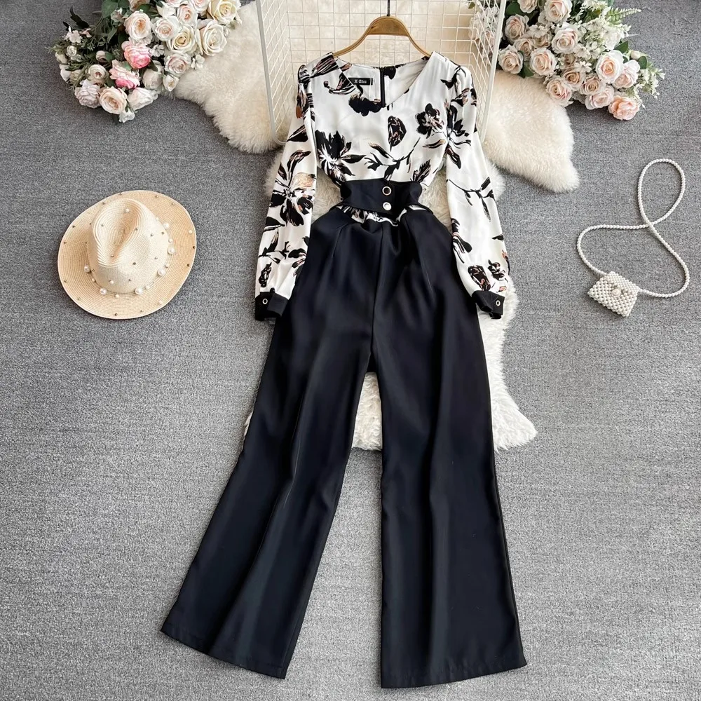 

Elegant Office Lady Print Patchwork Jumpsuit Women Summer High Waist V Neck Long Sleeve Jumpsuits Combinaison Femme Overalls