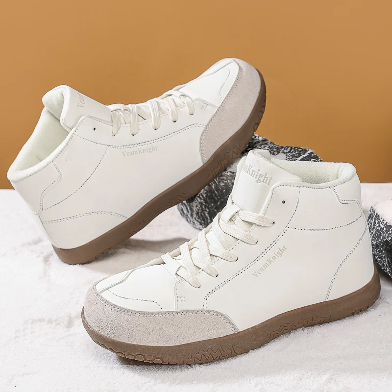 Men's Winter Warm  Large Ankle Skate Boots, Pu Leather  Upper Faux Fur Lined Lace Up Round Toe Flat Casual Footwear for Walking