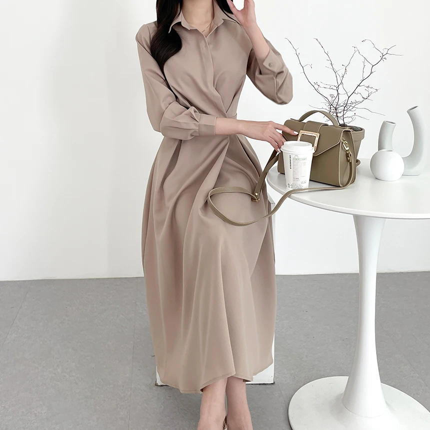REALEFT Herfst Vintage Bladerdeeg Mouw vrouwen Shirts Jurken 2025 Nieuwe Turn-down Kraag Koreaanse Casual Losse A-lijn Jurk vrouwelijke