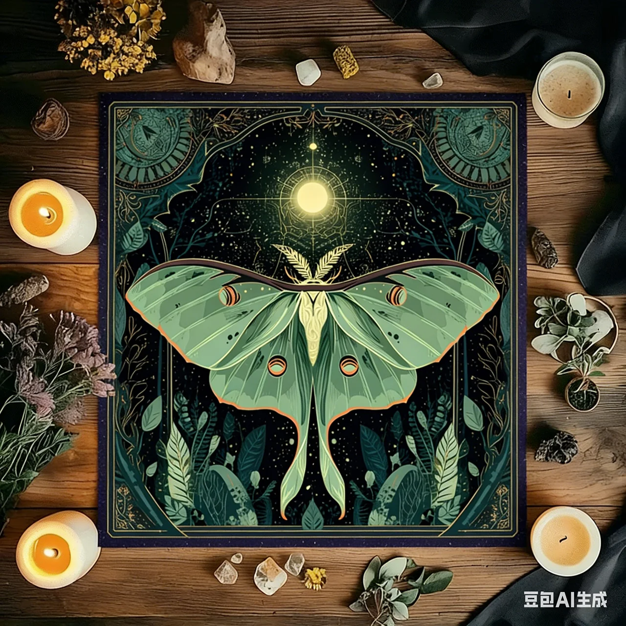 1 Stück Luna Moth Tarot-Tischdecke, himmlische Mond-Hexen-Altartuch, mystische botanische Wahrsagematte für spirituelle Dekoration