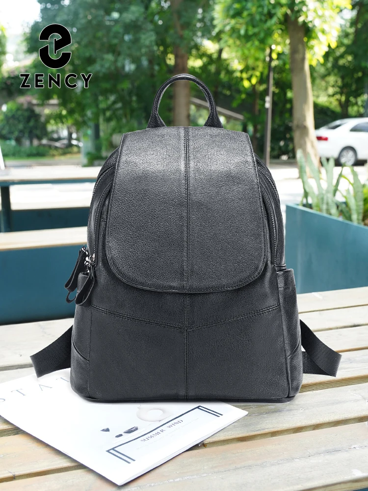 Zency 100% Genuine Leather Backpack For Women Black Knapsack for Travel Work
