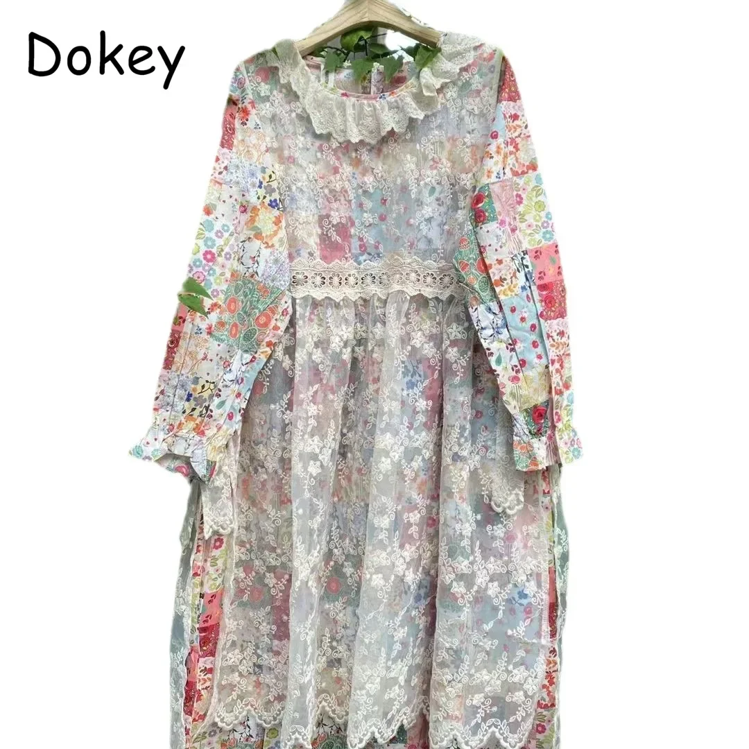 Vintage Lace Two-piece Flower Dress Women Mori Girl Peter Pan Collar Cotton Linen Dress Japanese Casual Loose Kawaii Mid Vestido