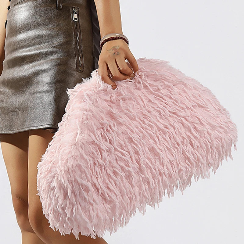 Dopamin-Stil Flauschige Quasten-Tasche Y2K Plüsch-Clutch Tasche Bonbonfarbene Neujahrs-Damenhandtasche Festival-Dinner-Kleid-Clutch Handtaschen – Detail 14