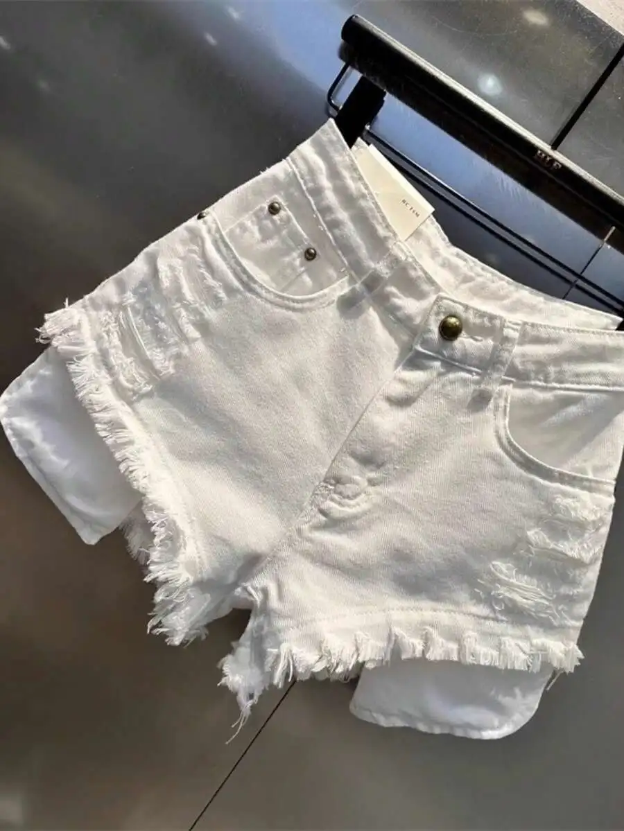 

White Ripped Denim Shorts With Frayed Hem And Rivets, Wide Leg A-Line Cut For Women