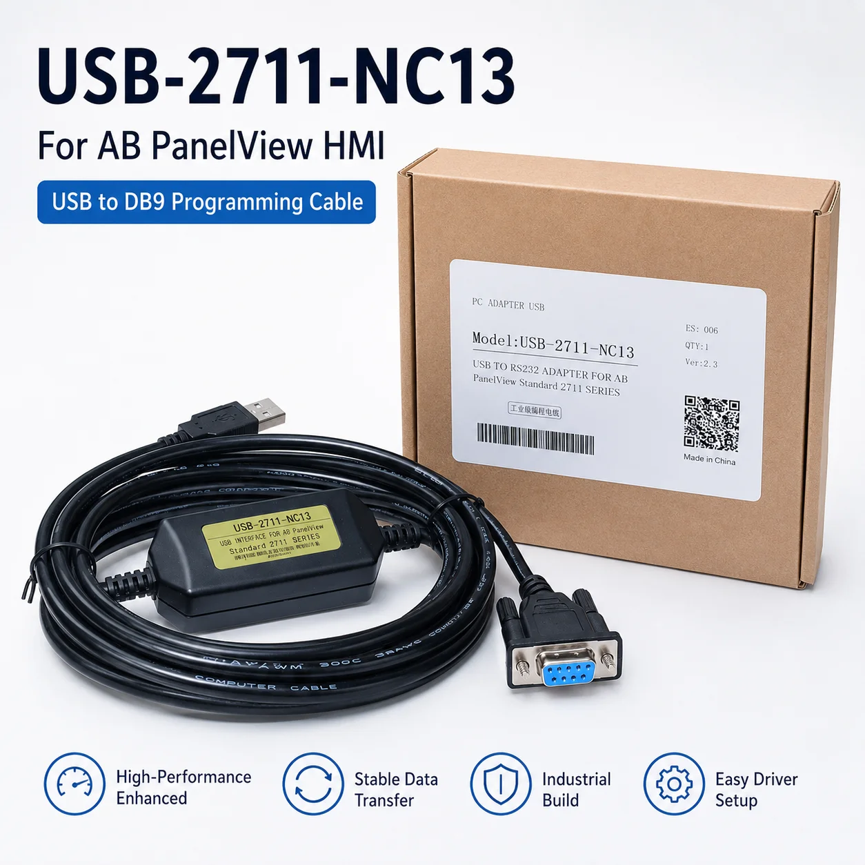 USB-2711-NC13 Programming Cable for AB PanelView HMI, USB to DB9 RS232 High Performance Data Download Cable, 10V