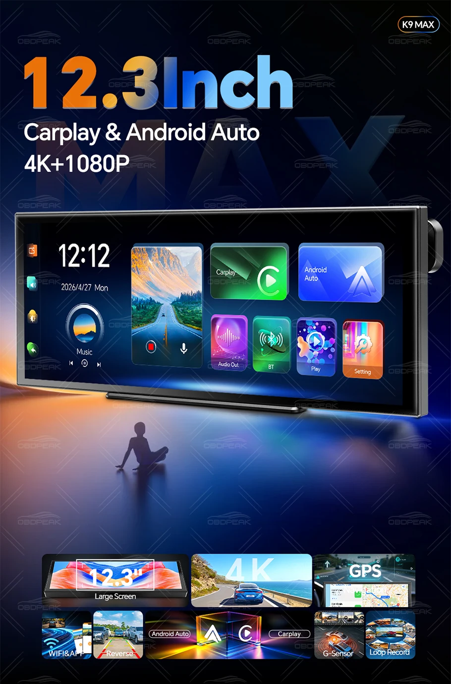 OBDPEAK K9 Max 12,3 Zoll 4K Dashcam Kabelloses CarPlay & Android Auto GPS-Navigation Touchscreen Auto-DVR-Kamera Videoaufzeichnung – Detail 3