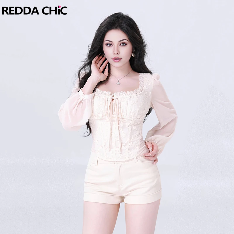 

REDDACHiC Ribbon Square Neck Blouse Top Pretty Embroidered Lace Irregular Cropped Puff Long Sleeve Shirt Coquette Women Clothes