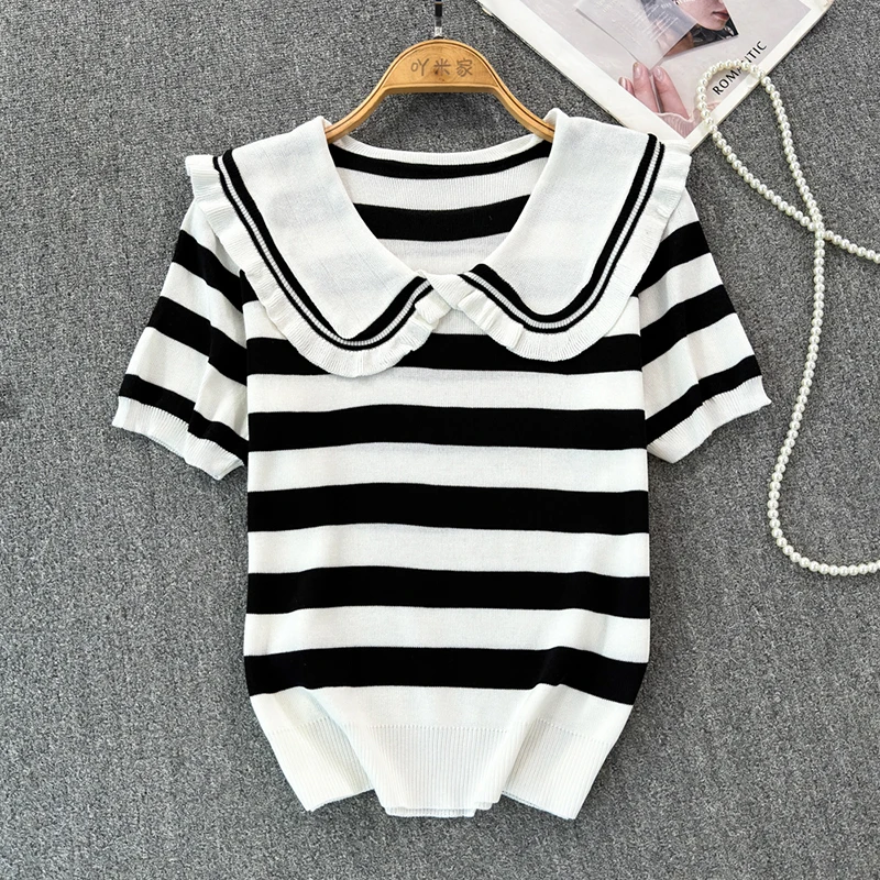 Doll Collar Striped Short Sleeves Knitwear Simple Sweet All-match High Stretch Thin Slim Top Women's New Summer Fashion T-shirt