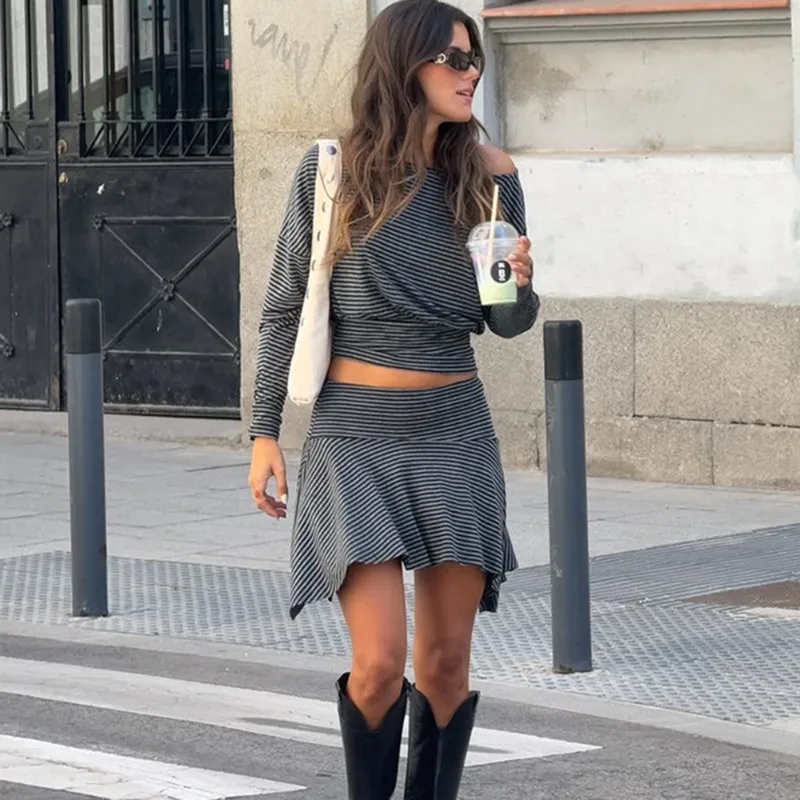 

Tuularose модная юбка комплект из 2 предметов сексуальный полосатый пуловер топ плиссированная юбка комплекты уличная одежда в стиле ретро наряд для вечеринки женские комплекты платьев